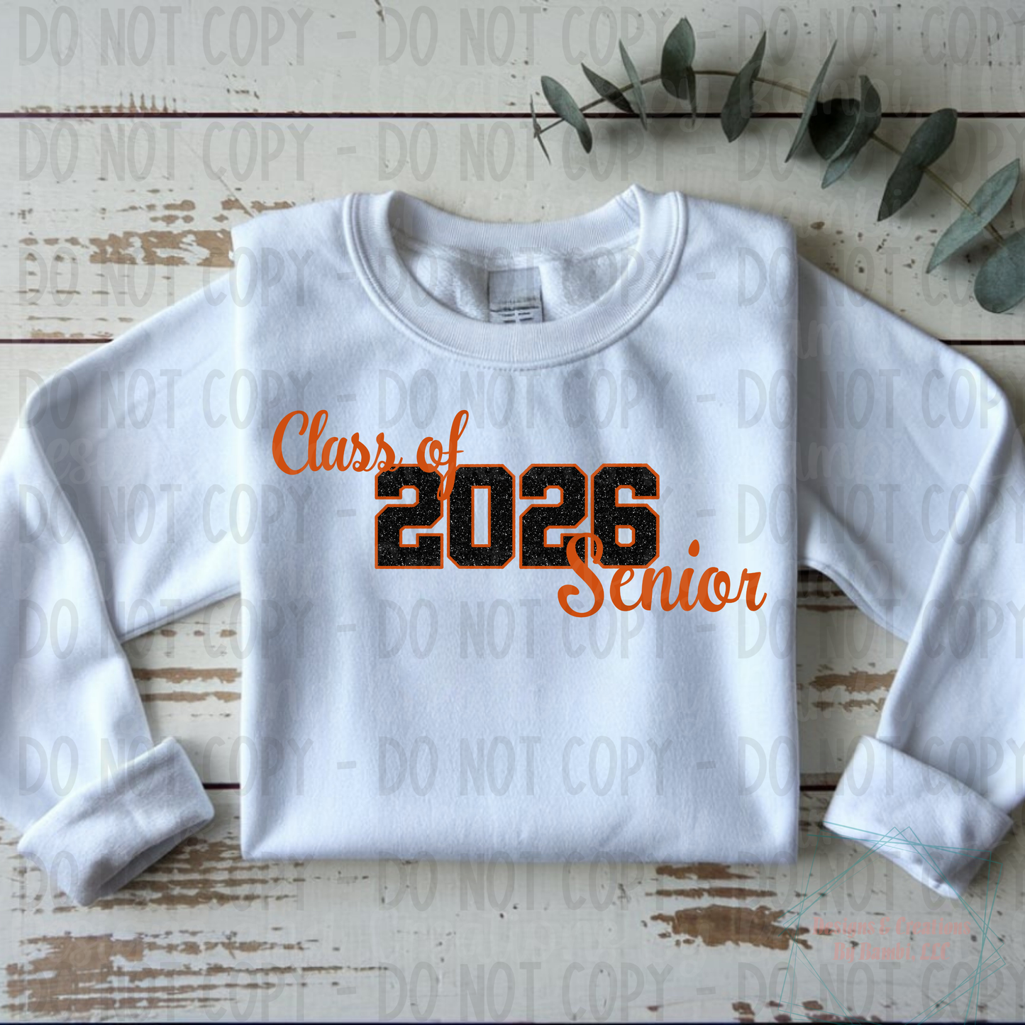 Class of 2026 Senior Faux Glitter Black with Orange Outline and Black Font