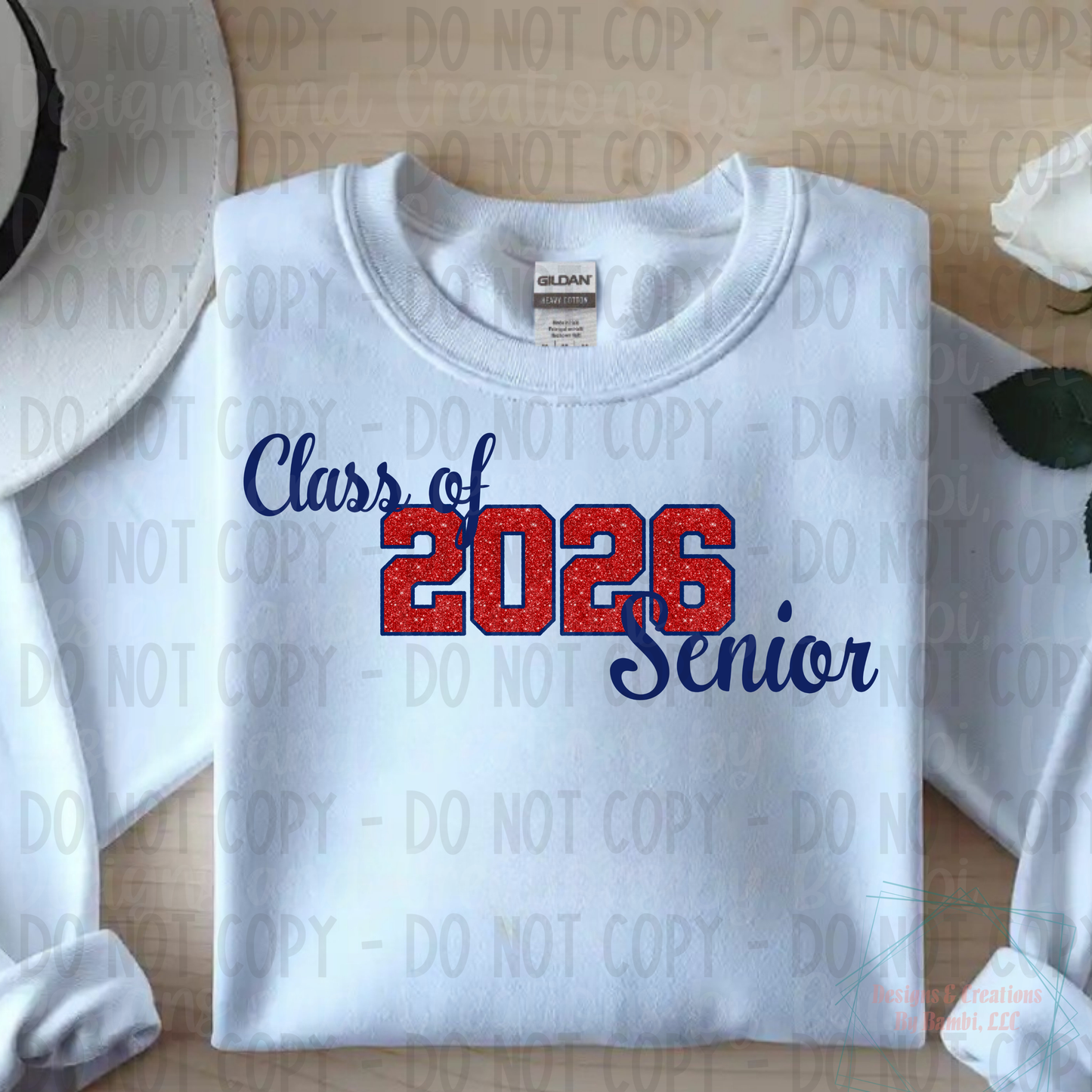 Class of 2026 Senior Faux Glitter Red with Blue Outline and Blue Font
