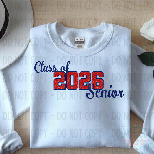 Class of 2026 Senior Faux Glitter Red with Blue Outline and Blue Font