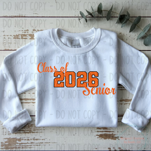 Class of 2026 Senior Faux Glitter Orange with Black Outline and Orange Font