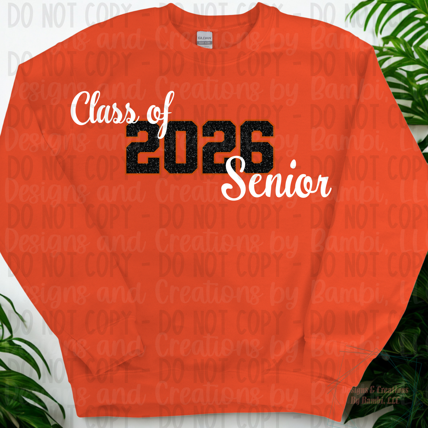 Class of 2026 Senior Faux Glitter Black with Orange Outline and White Font