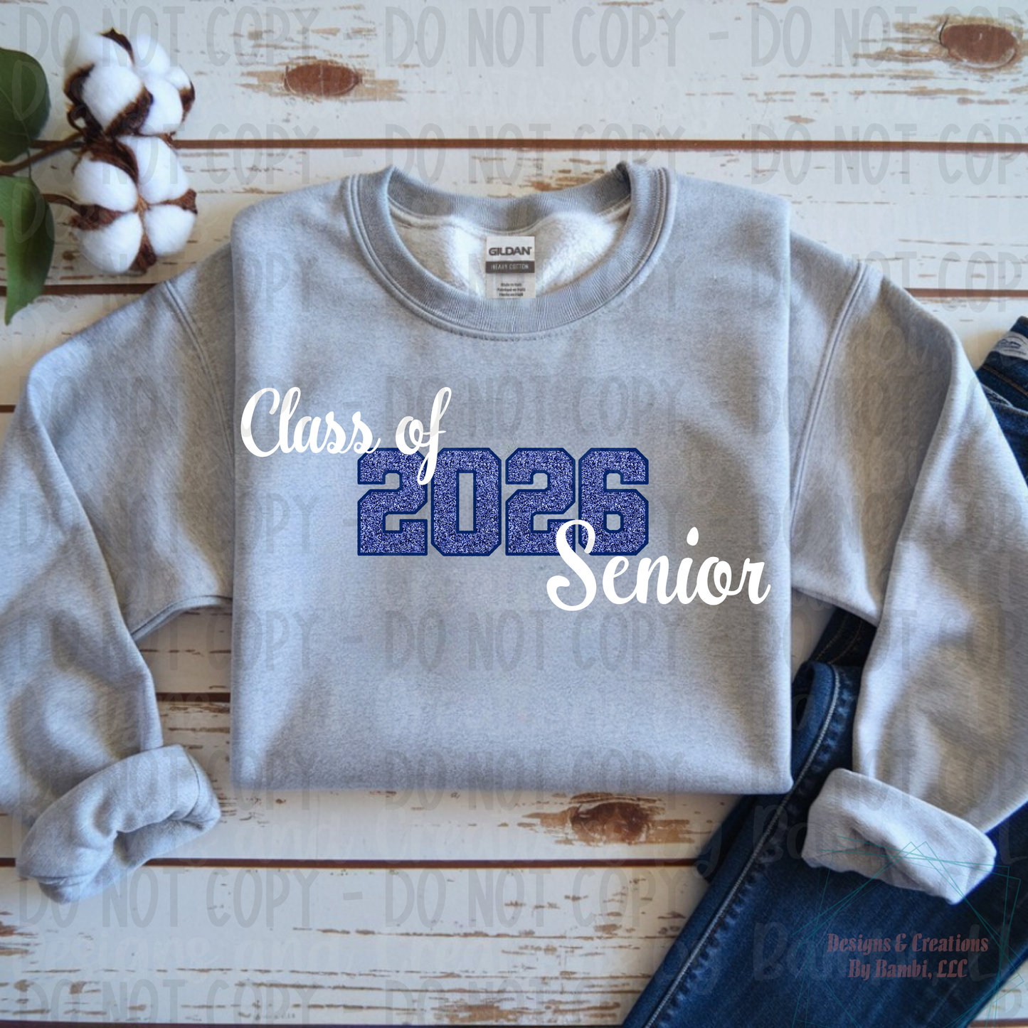 Class of 2026 Senior Faux Glitter Blue with Blue Outline and White Font