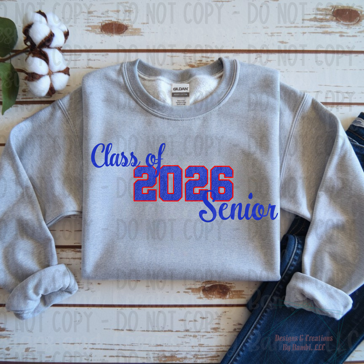Class of 2026 Senior Faux Glitter Blue with Red Outline and Blue Font