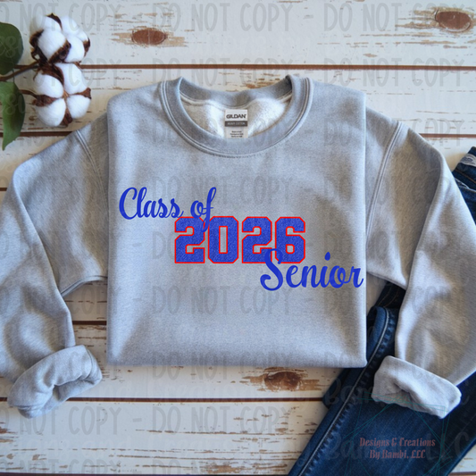 Class of 2026 Senior Faux Glitter Blue with Red Outline and Blue Font