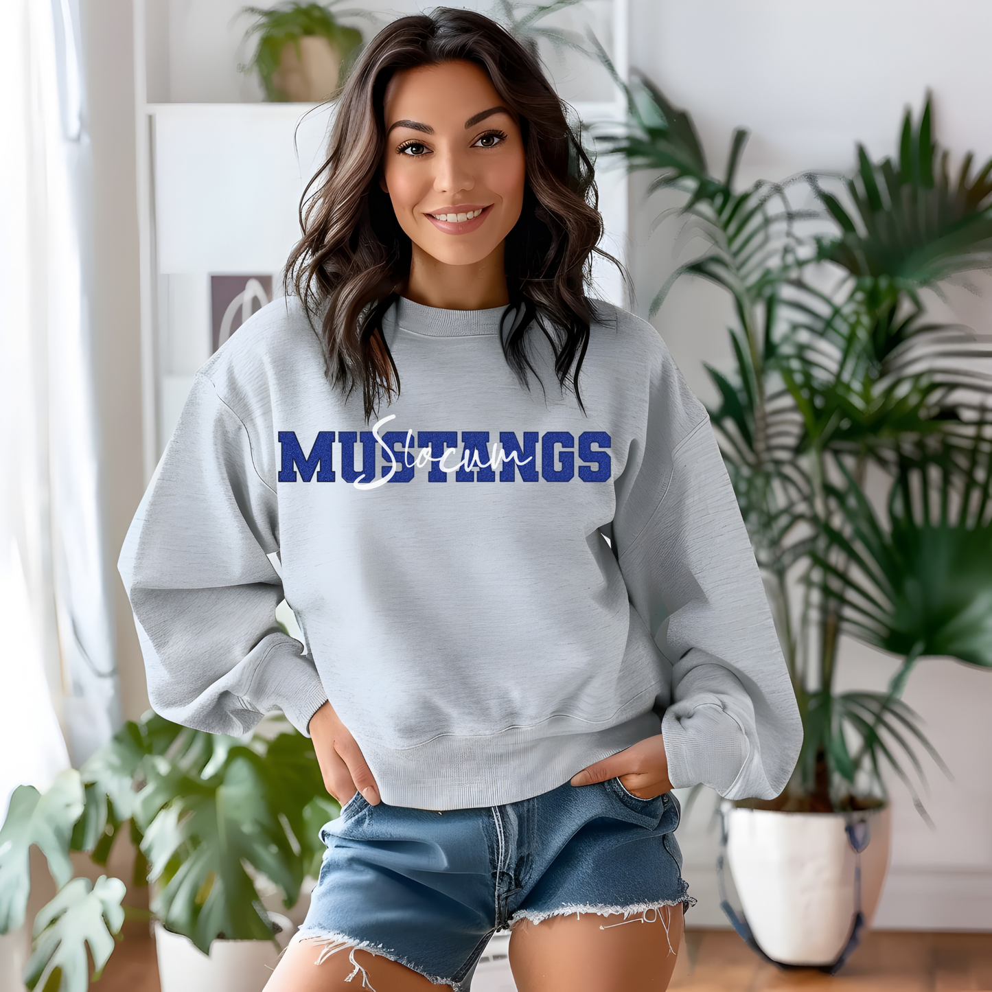 Slocum Mustangs in Faux Blue Glitter with White Overlay (Long Sleeve)