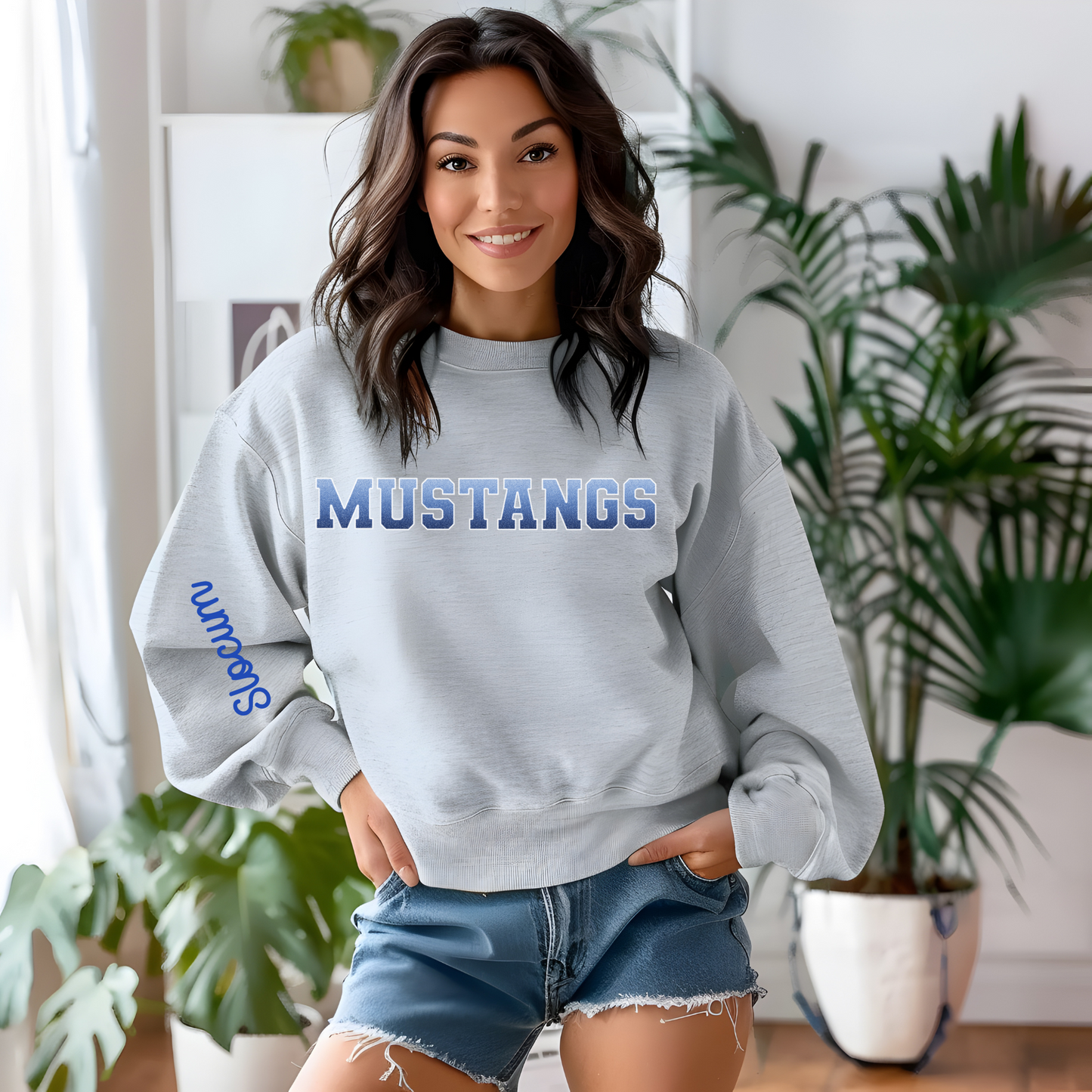 Mustangs Faux Blue Ombre Glitter White Outline with Slocum Sleeve Print