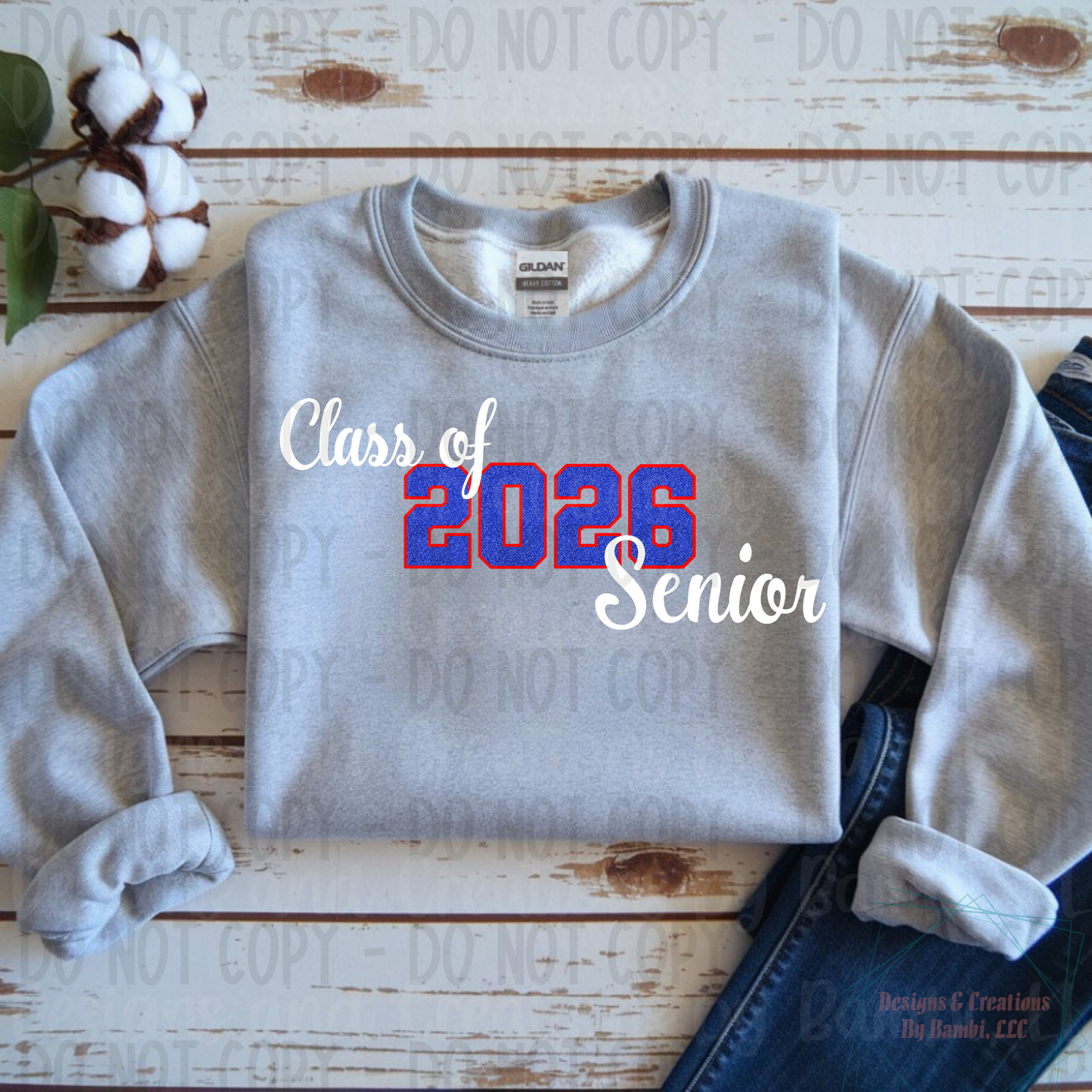 Class of 2026 Senior Faux Glitter Blue with Red Outline and White Font