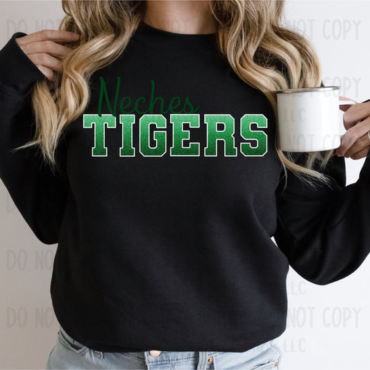 Neches Tigers Faux Glitter Green Ombre with White Outline