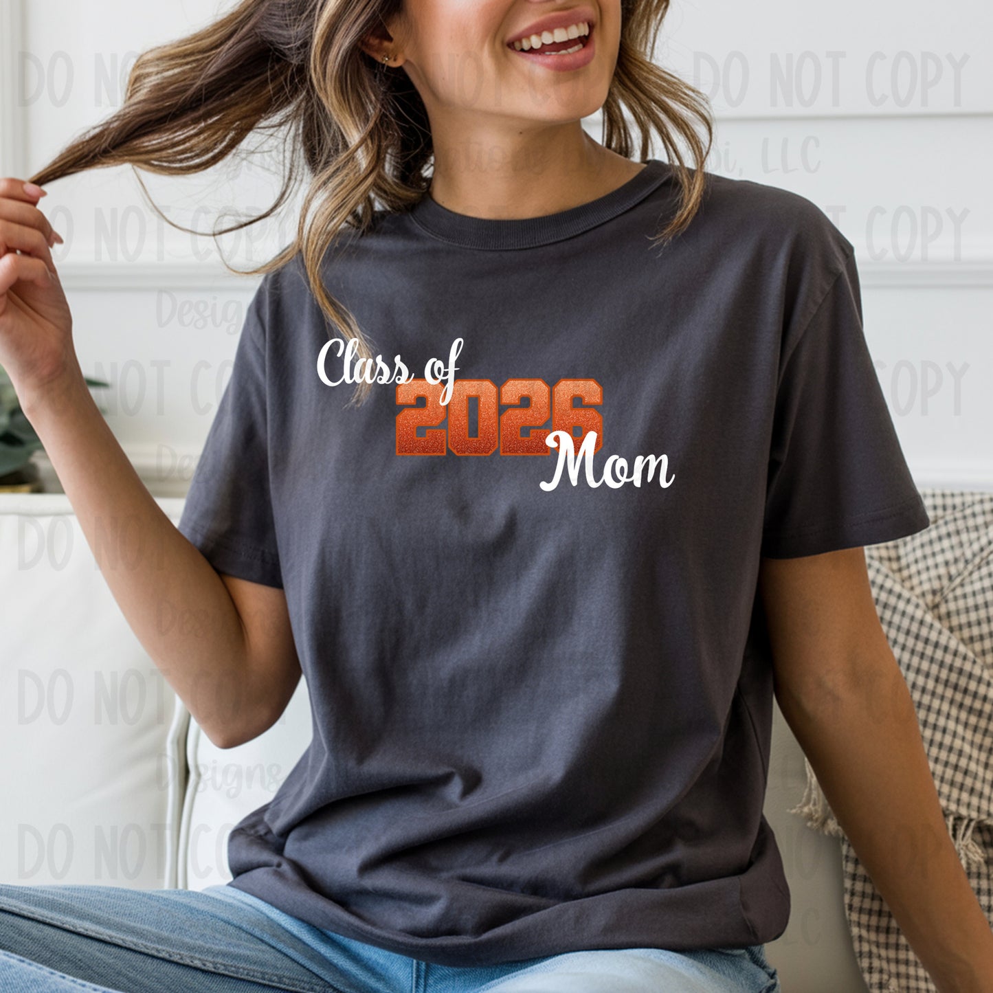 Class of 2026 Mom faux Glitter/Embroidery Orange with Orange Outline and White Font