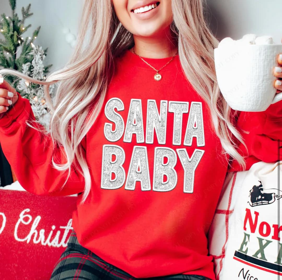 Sliver Faux Embroidery/Sequin Santa Baby