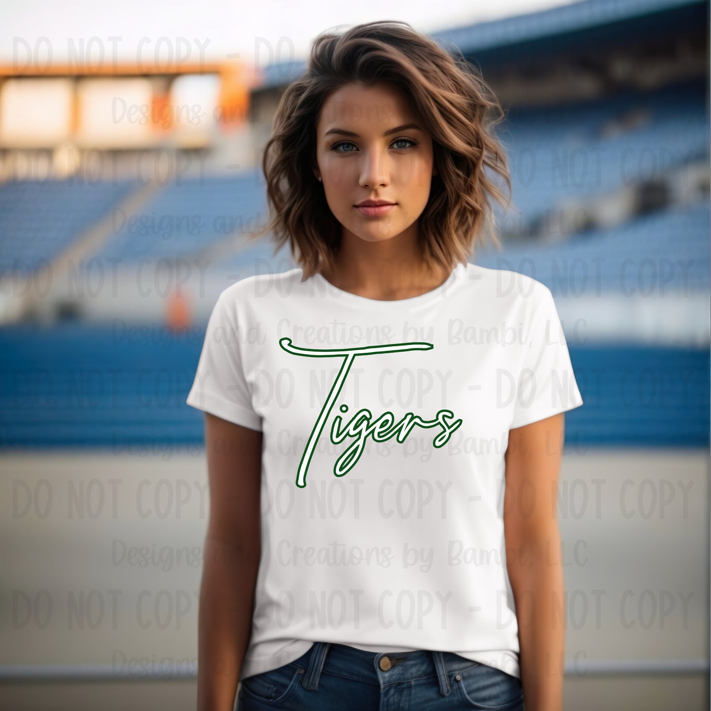 Latexo Tigers Scripts White with Green Outline