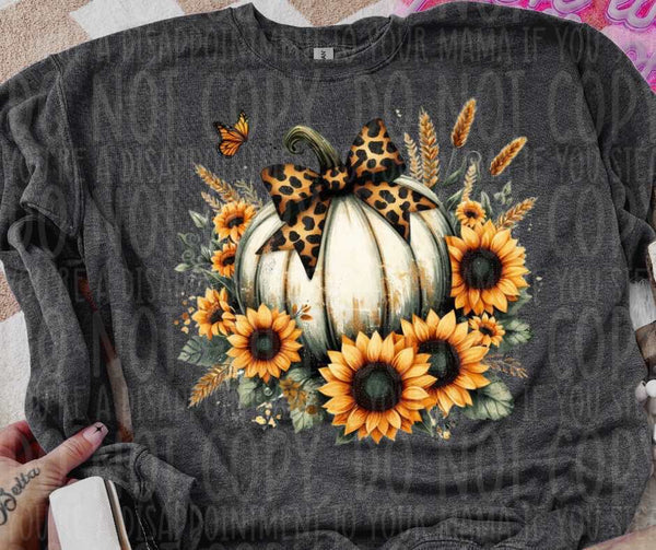 White Pumpkin with Sunflowers and Leopard Bow