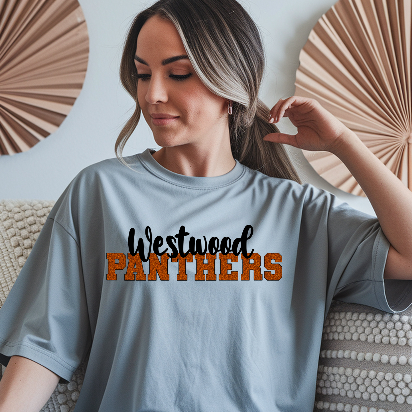 Westwood Panthers in Orange Faux Glitter with Black Outline and Black Westwood