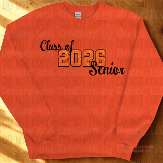Class of 2026 Senior Faux Glitter Orange with Black Outline and Black Font