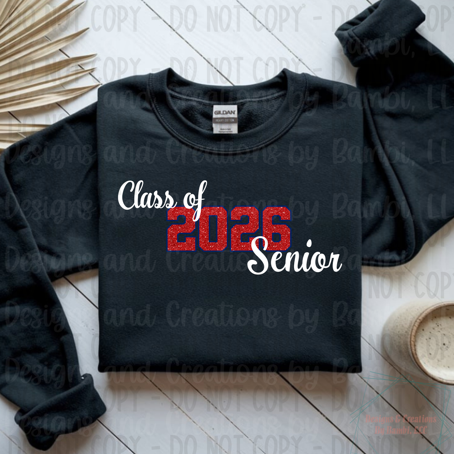 Class of 2026 Senior Faux Glitter Red with Blue Outline and White Font
