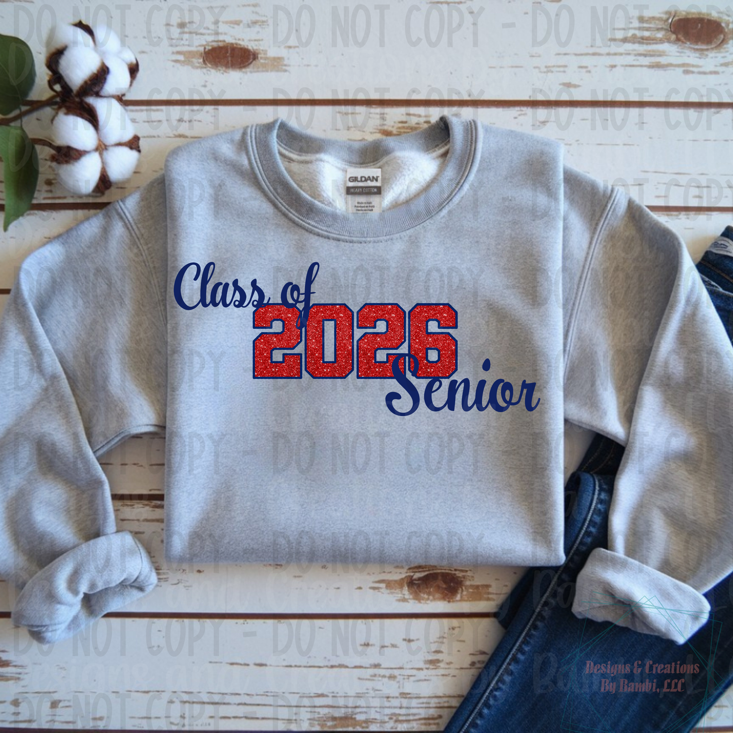 Class of 2026 Senior Faux Glitter Red with Blue Outline and Blue Font