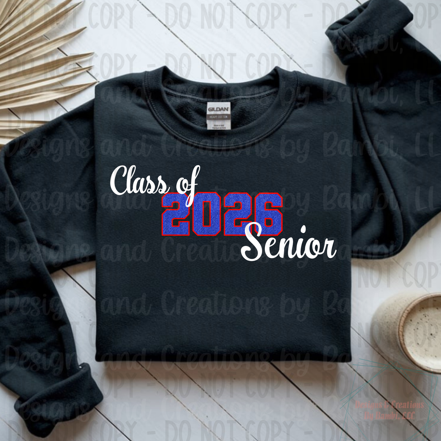 Class of 2026 Senior Faux Glitter Blue with Red Outline and White Font