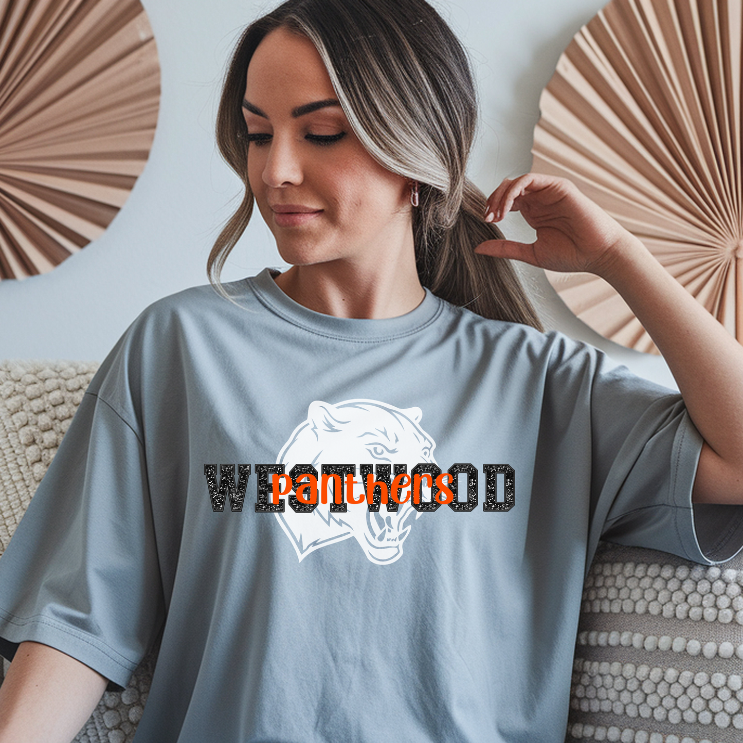 Westwood in Faux Black Glitter with Panther in Background- Orange Panthers Overlay
