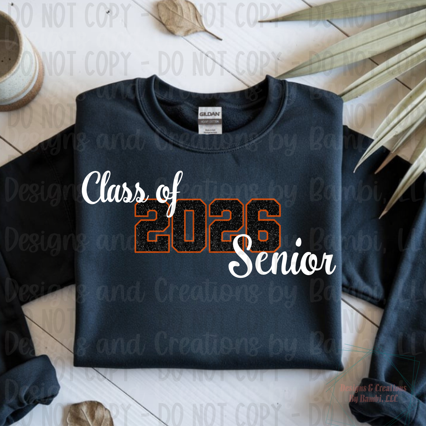 Class of 2026 Senior Faux Glitter Black with Orange Outline and White Font