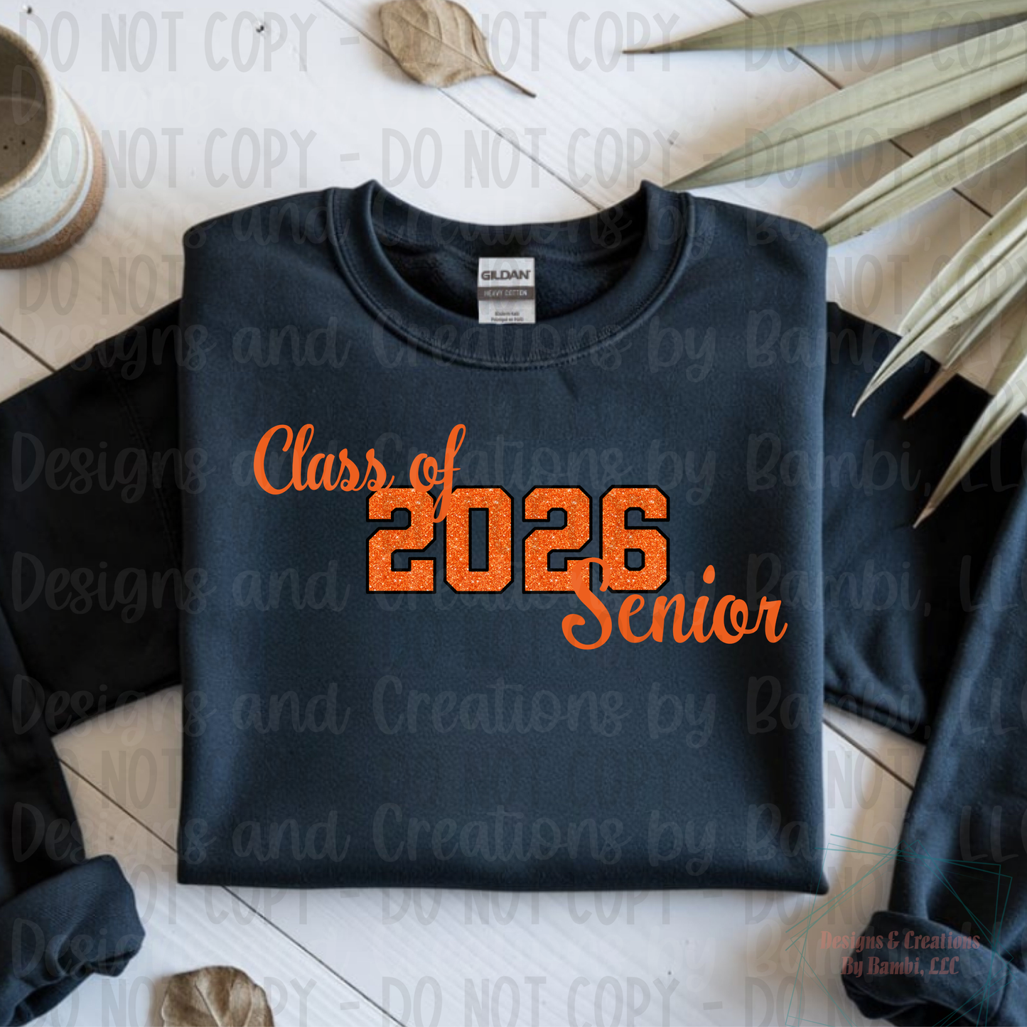 Class of 2026 Senior Faux Glitter Orange with Black Outline and Orange Font