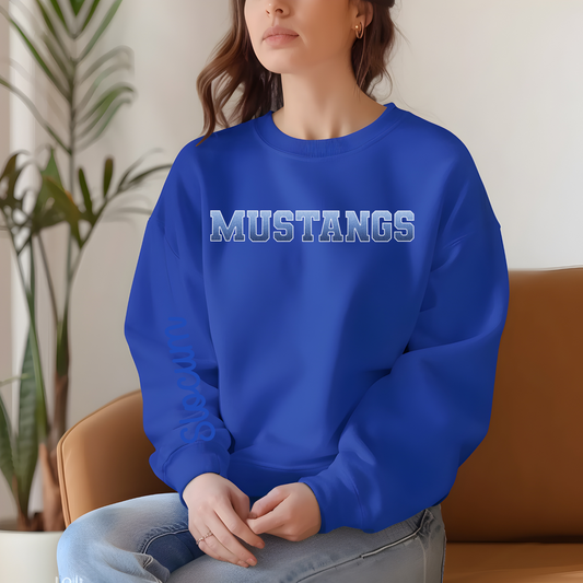 Mustangs Faux Blue Ombre Glitter White Outline with Slocum Sleeve Print