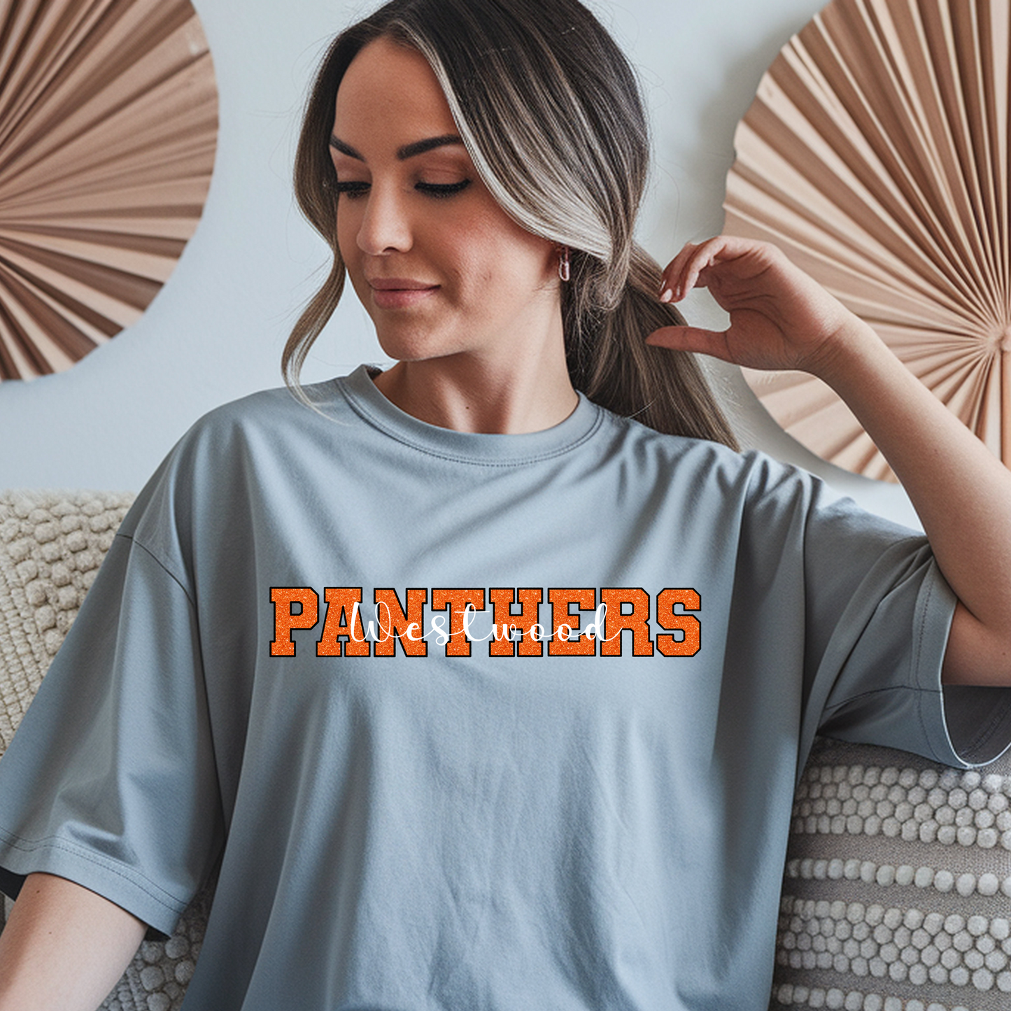 Panthers in Faux Orange Sequin with Westwood White Overlay