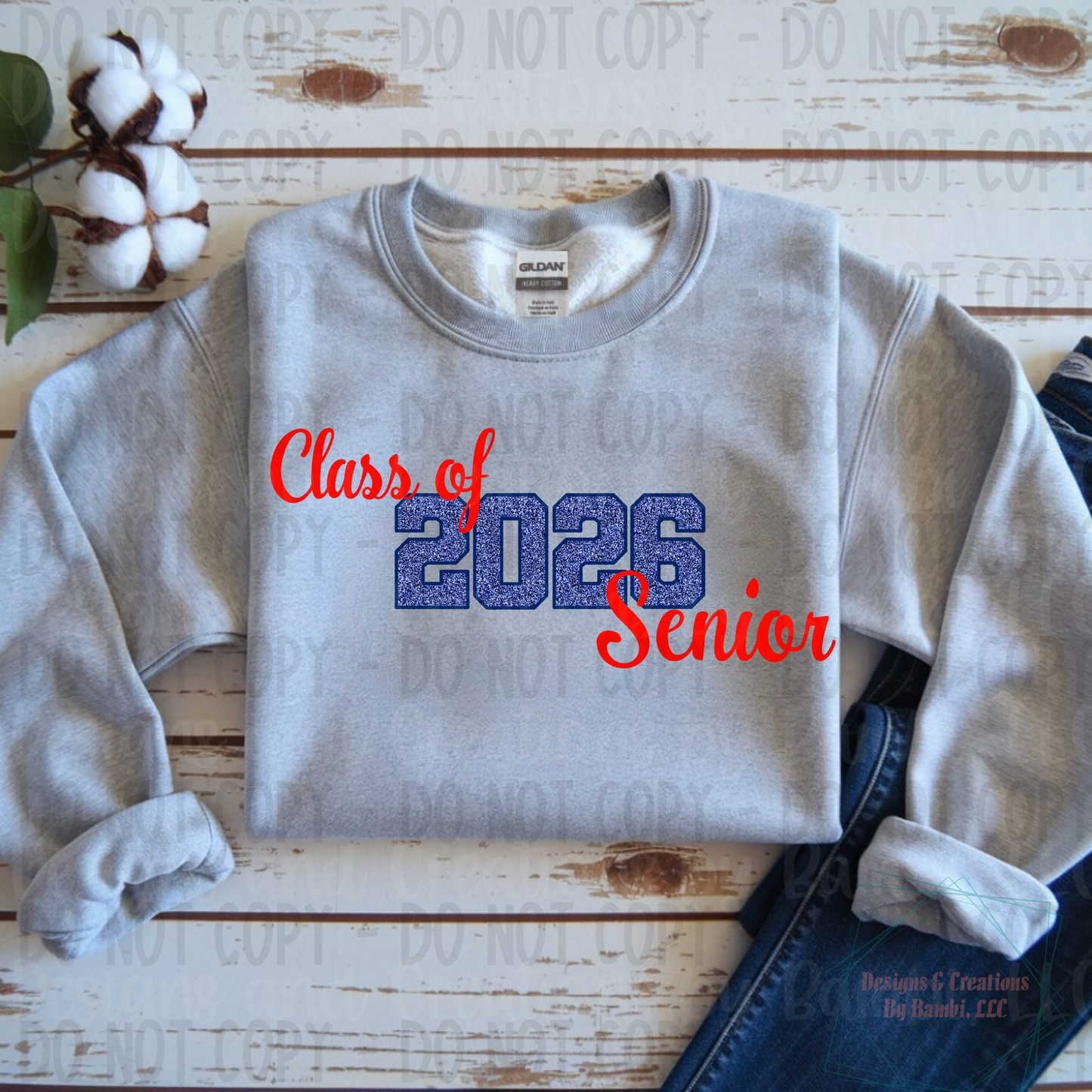 Class of 2026 Senior Faux Glitter Blue with Blue Outline and Red Font