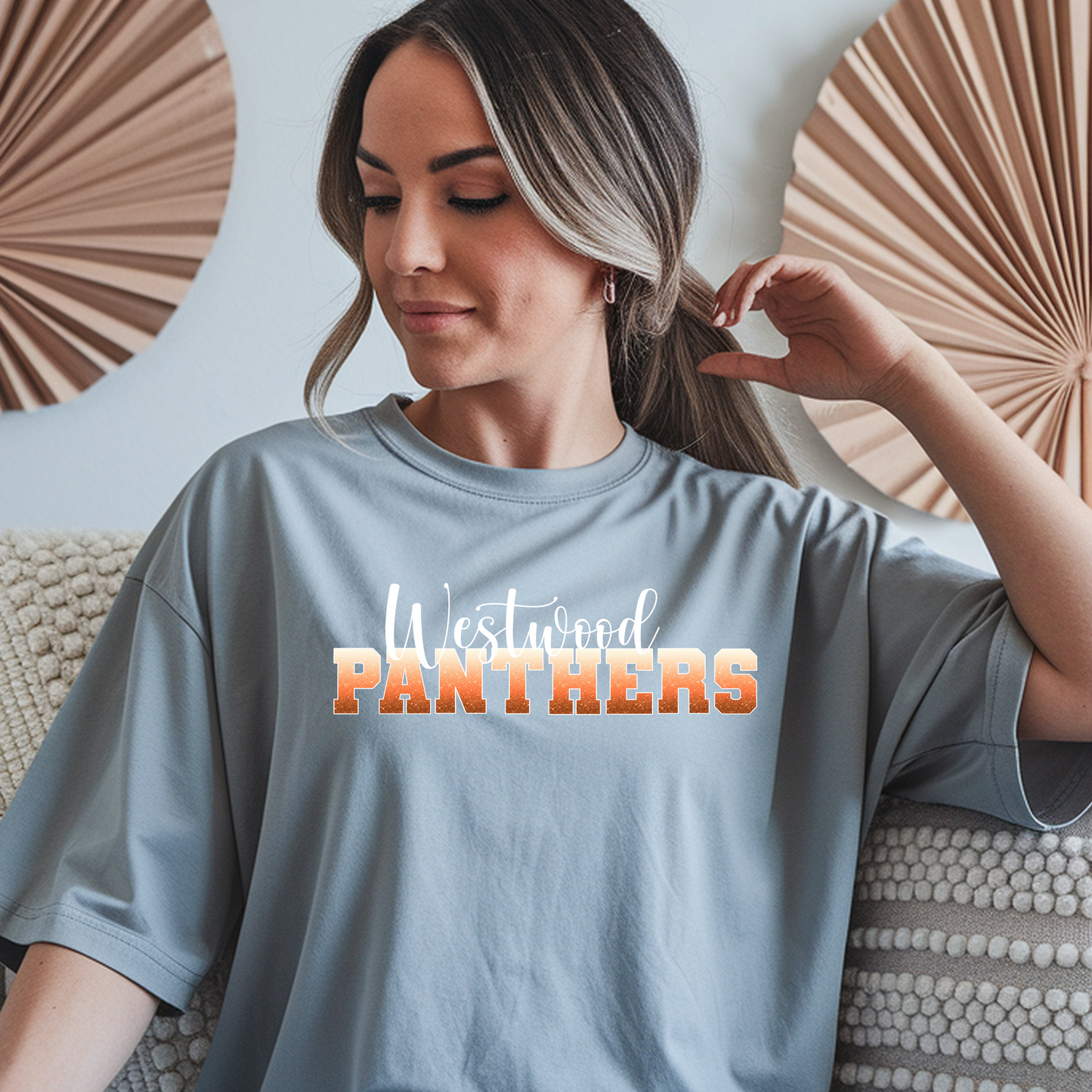 Panthers in Ombre Orange Faux Glitter with White Outline- Westwood in White