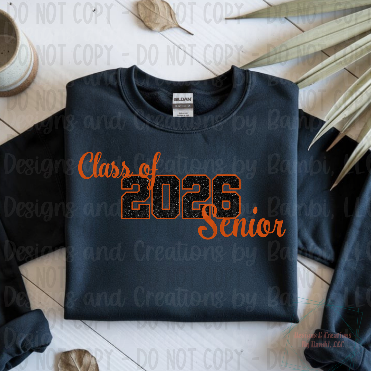 Class of 2026 Senior Faux Glitter Black with Orange Outline and Black Font
