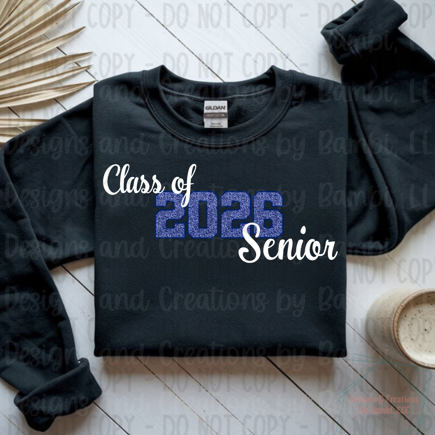 Class of 2026 Senior Faux Glitter Blue with Blue Outline and White Font