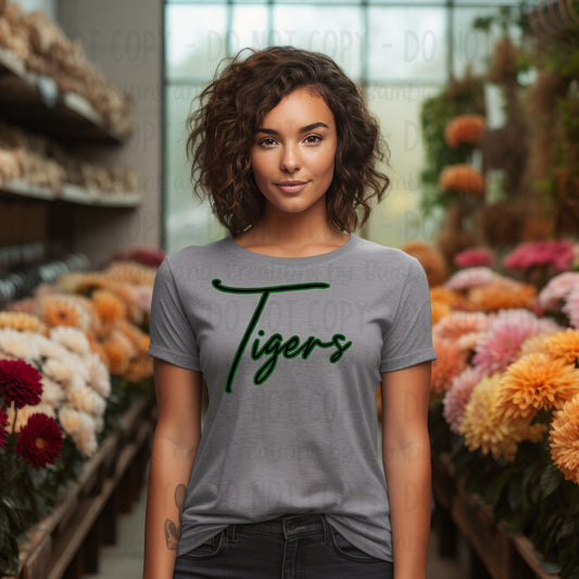 Neches Tigers Script Black with Green Outline