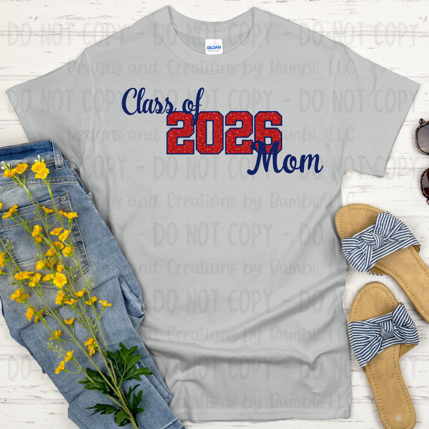 Class of 2026 Mom Faux Glitter/Embroidery Red with Blue Outline and Blue Font