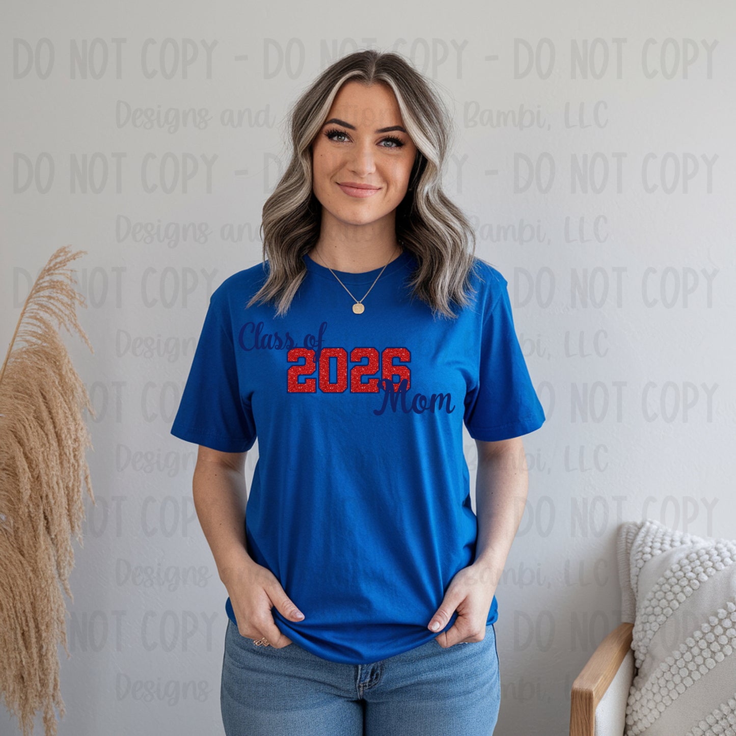 Class of 2026 Mom Faux Glitter/Embroidery Red with Blue Outline and Blue Font