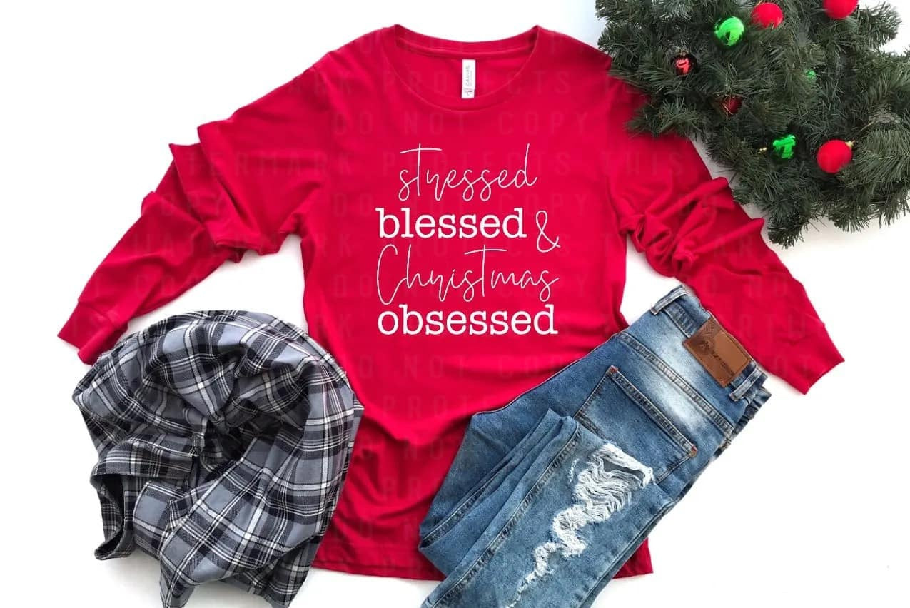 Stressed Blessed Christmas Obsessed Completed Shirt- Adult