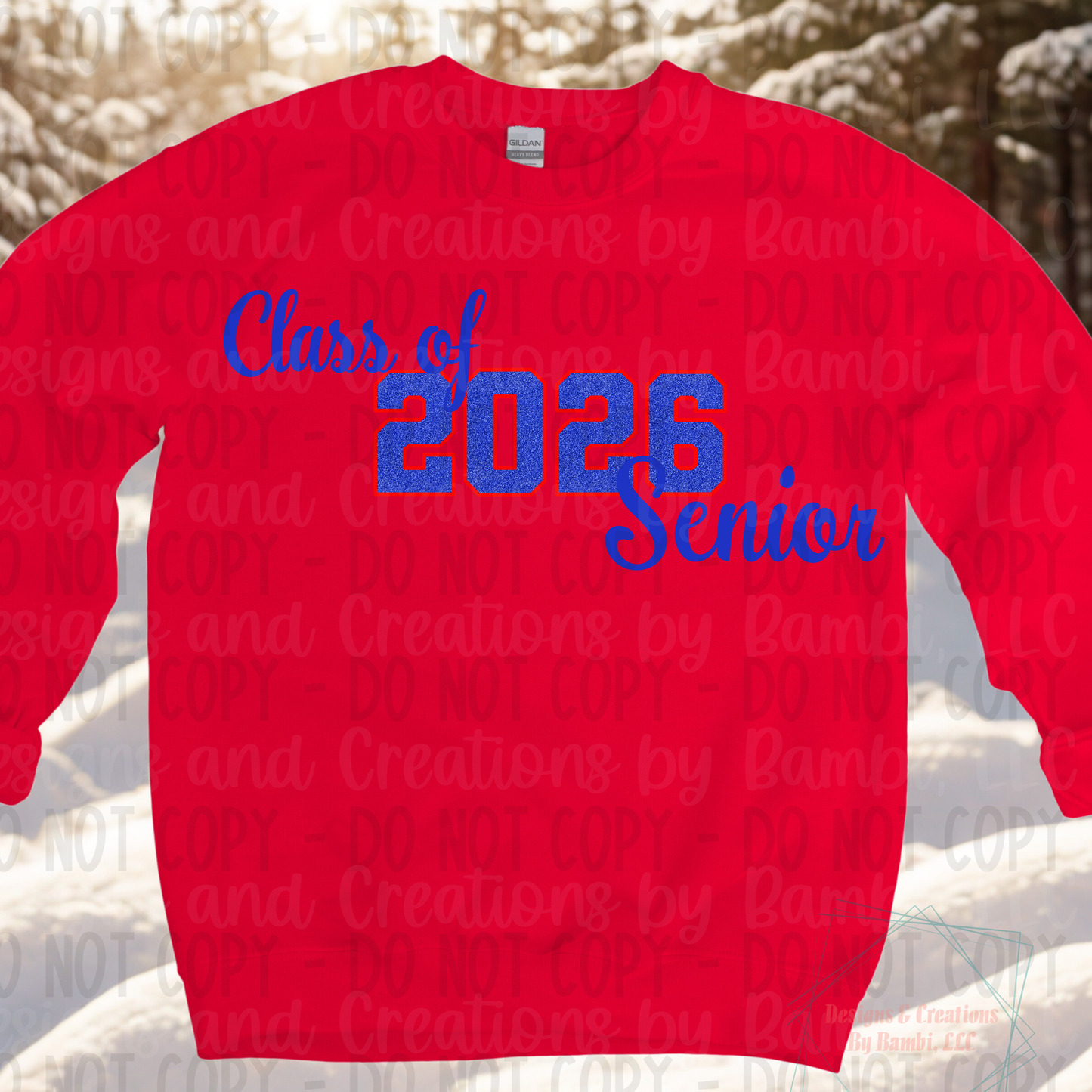 Class of 2026 Senior Faux Glitter Blue with Red Outline and Blue Font