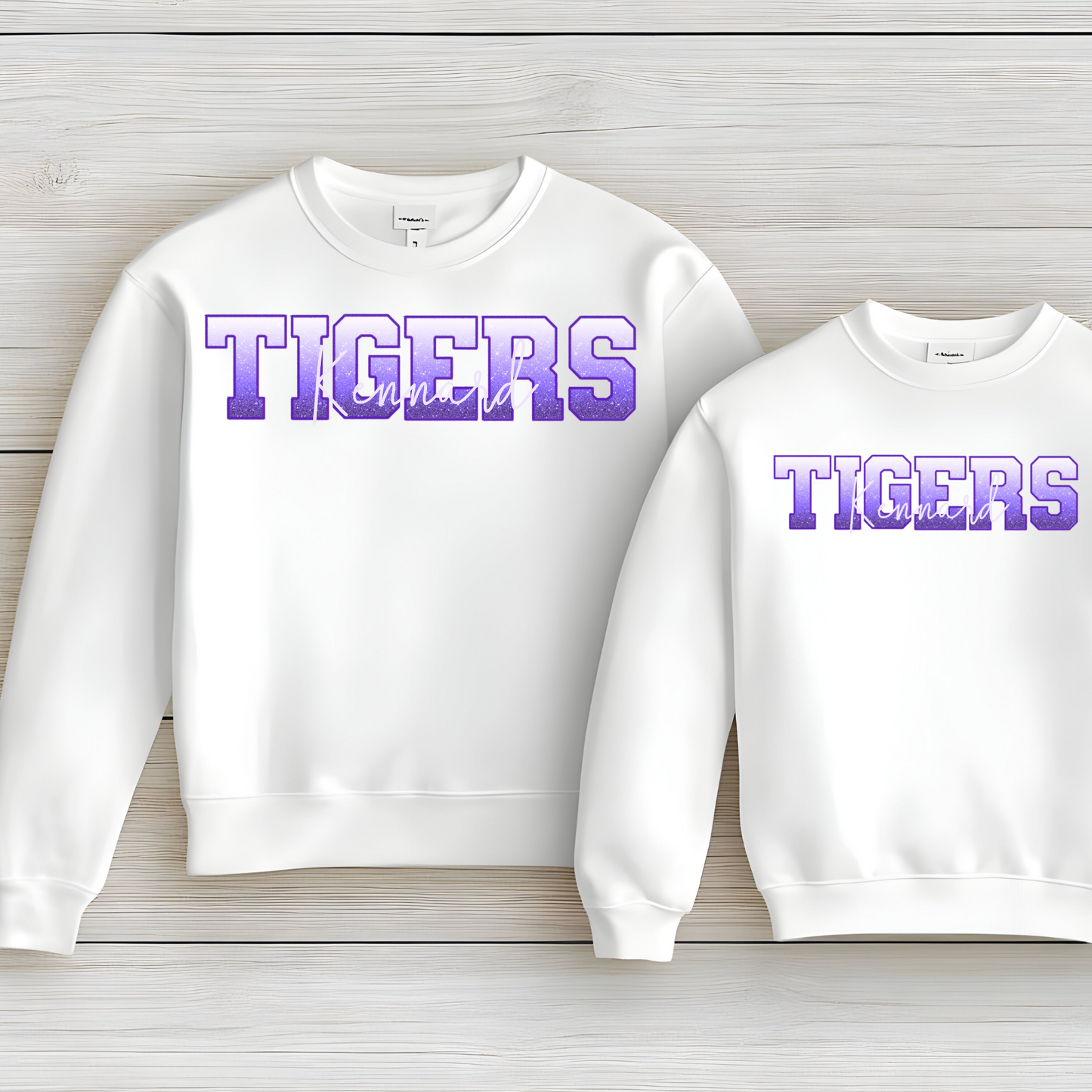 Kennard Tigers in Ombre Faux Glitter Purple Outline White Overlay (Longsleeve)