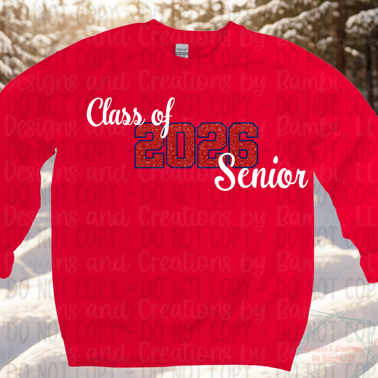 Class of 2026 Senior Faux Glitter Red with Blue Outline and White Font