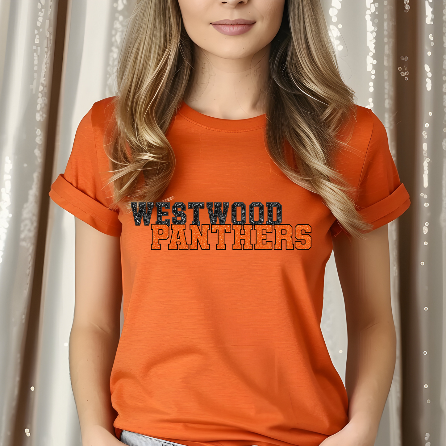 Faux Glitter and Embroidery Orange & Black Westwood Panthers