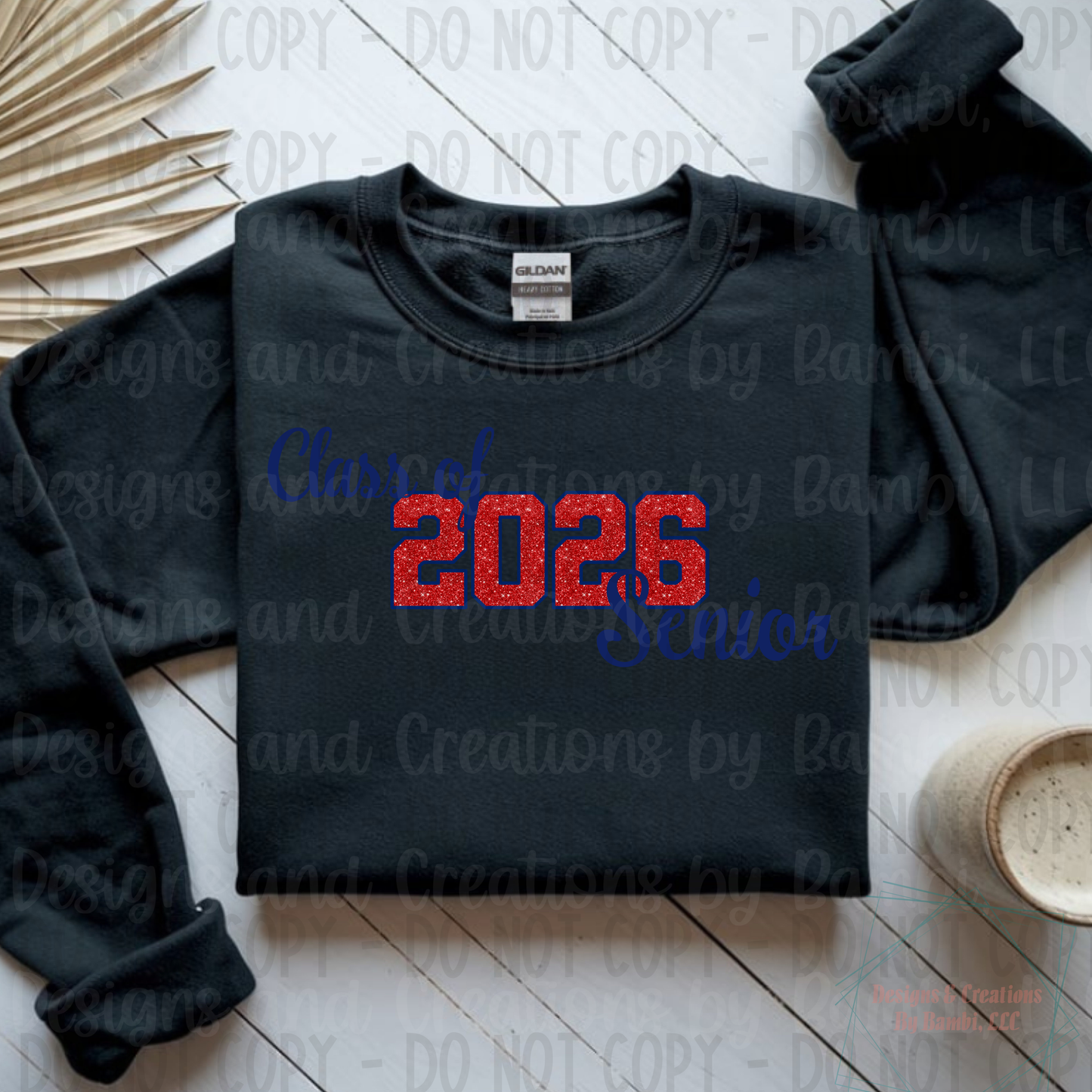 Class of 2026 Senior Faux Glitter Red with Blue Outline and Blue Font