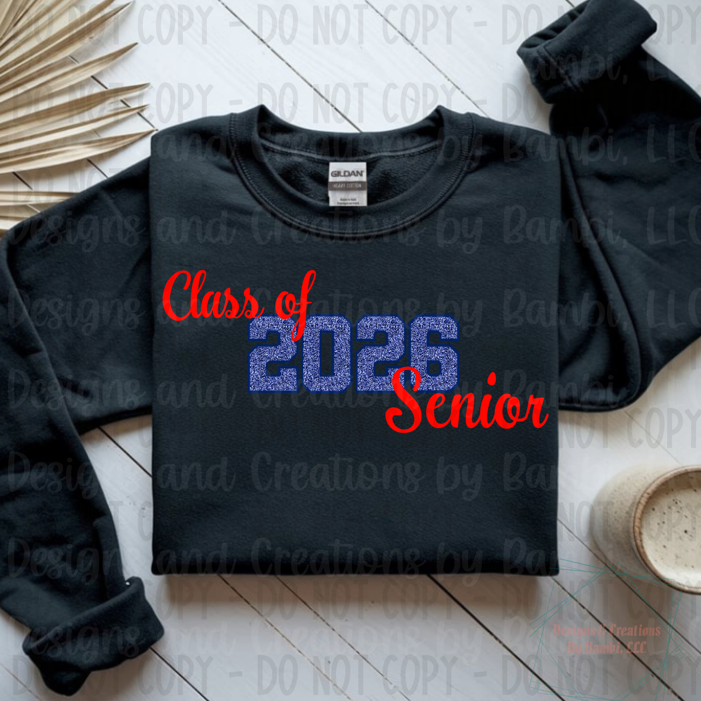 Class of 2026 Senior Faux Glitter Blue with Blue Outline and Red Font