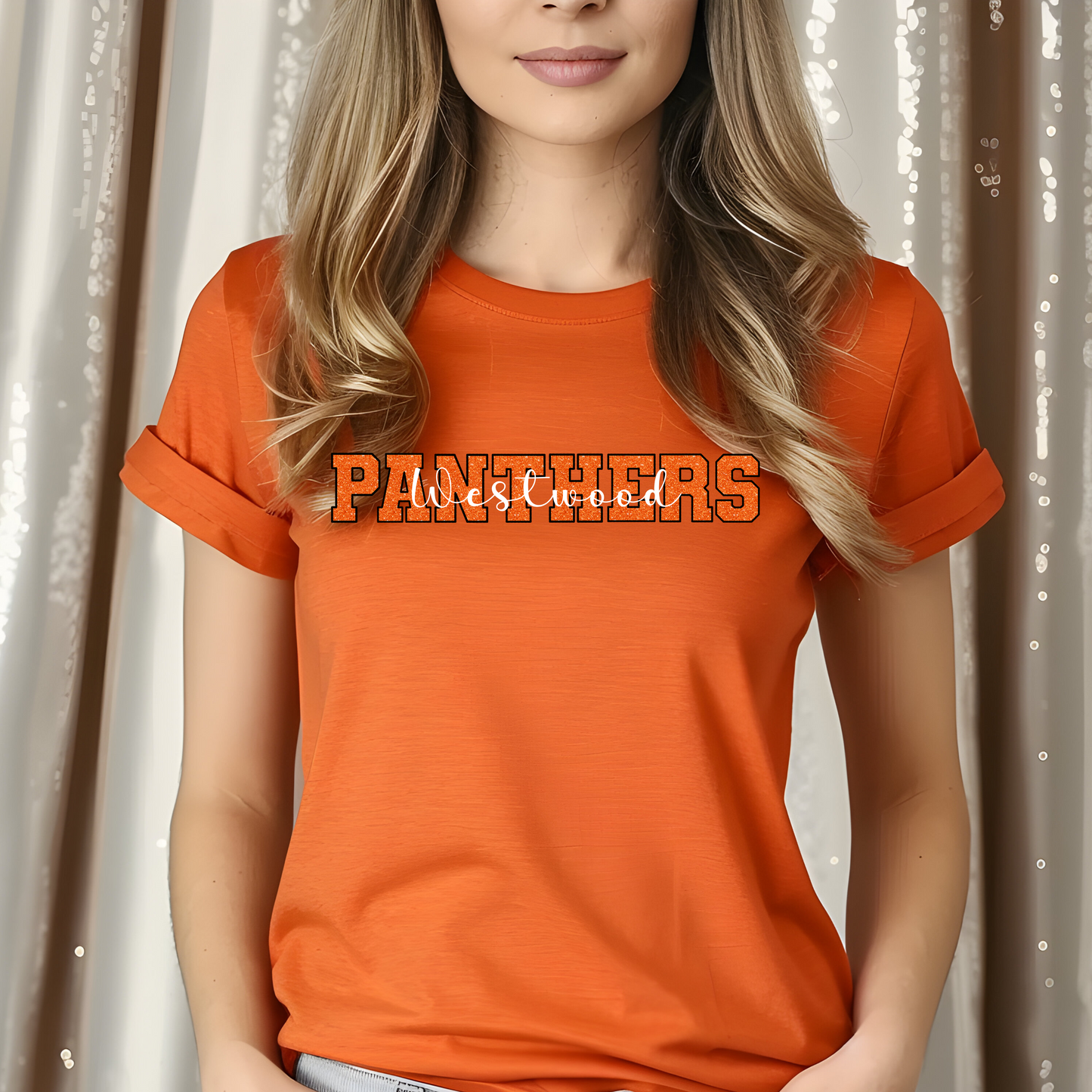 Panthers in Faux Orange Sequin with Westwood White Overlay