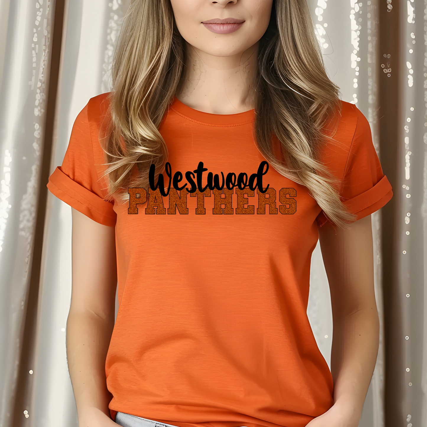 Westwood Panthers in Orange Faux Glitter with Black Outline and Black Westwood