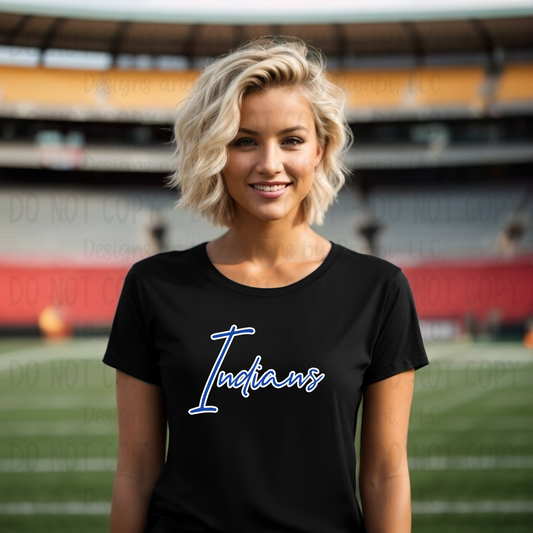 Frankston Indians Script Blue with White Outline