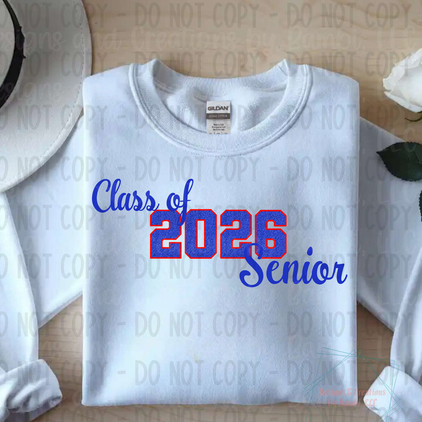 Class of 2026 Senior Faux Glitter Blue with Red Outline and Blue Font