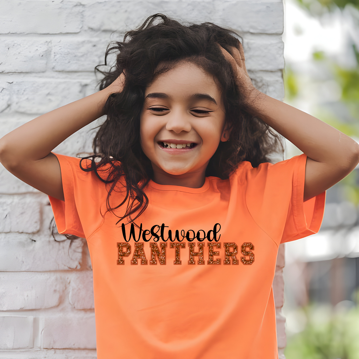 Westwood Panthers in Faux Orange Sequin with Orange Outline