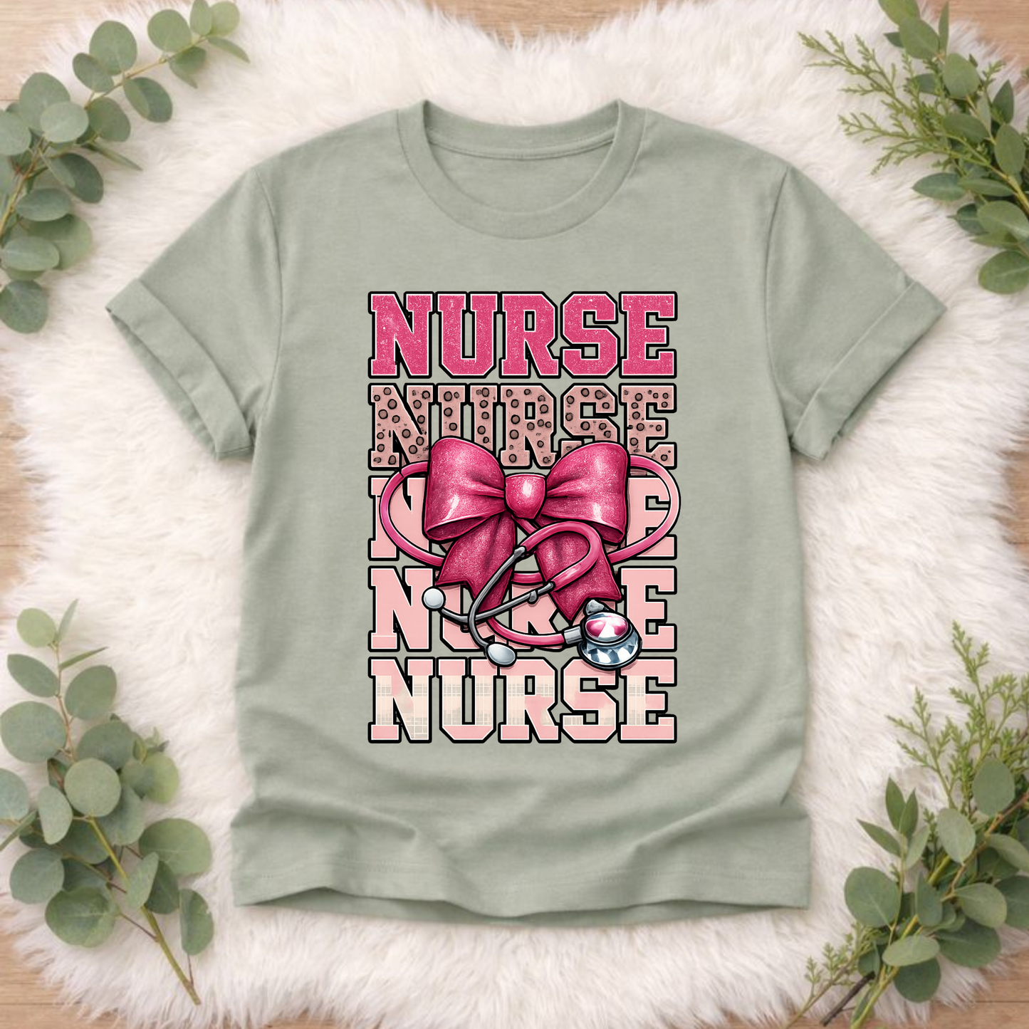 Faux Embroidery Nurse Stacked with Dark Pink Bow