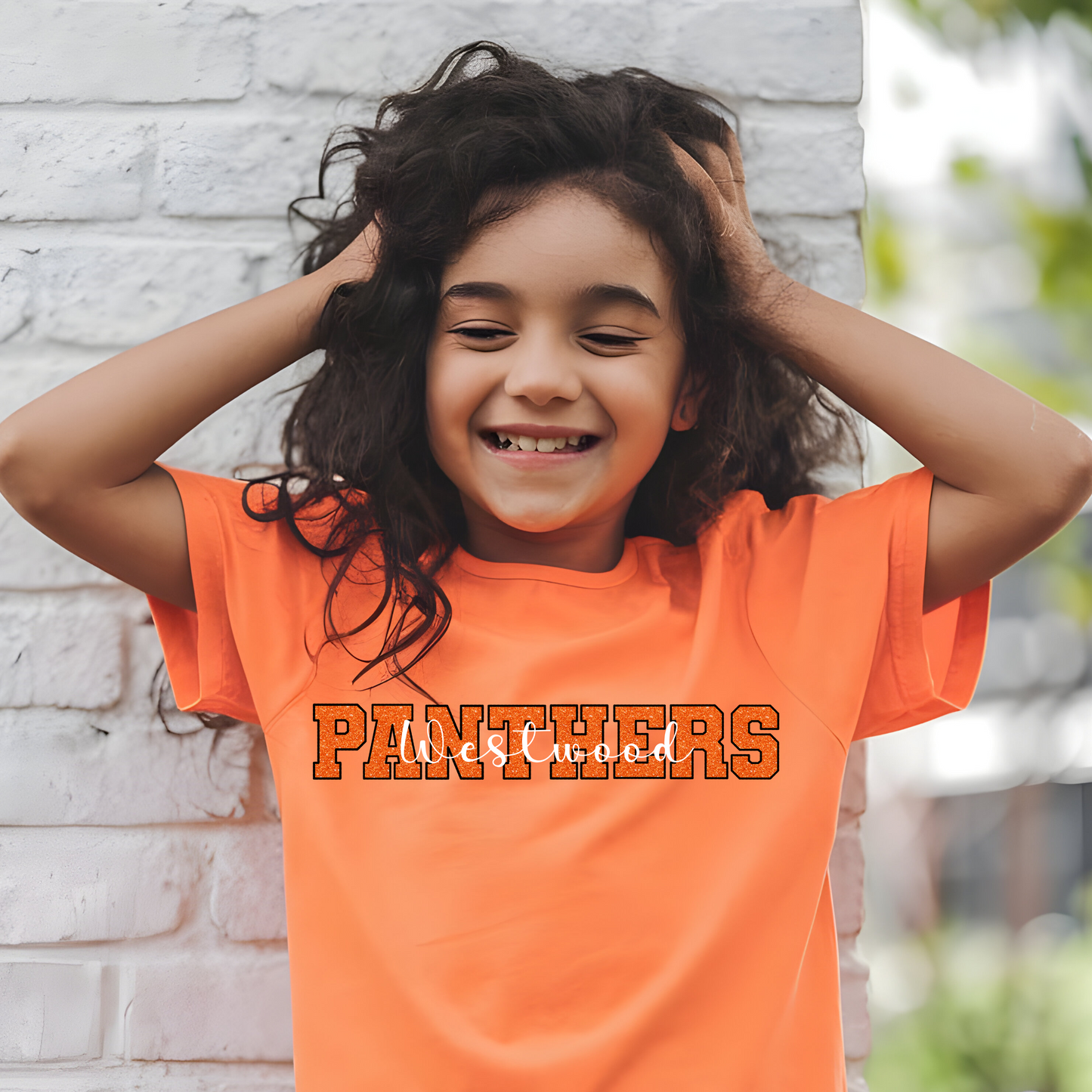 Panthers in Faux Orange Sequin with Westwood White Overlay