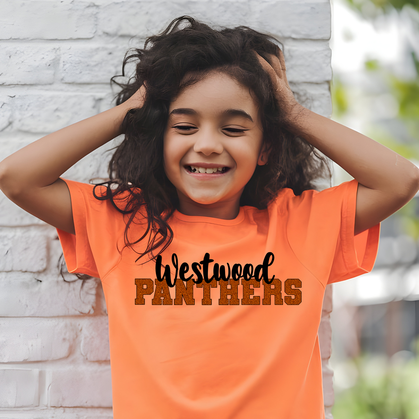 Westwood Panthers in Orange Faux Glitter with Black Outline and Black Westwood