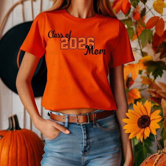 Class of 2026 Mom Faux Glitter/Embroidery Orange with Black Outline and Black Font