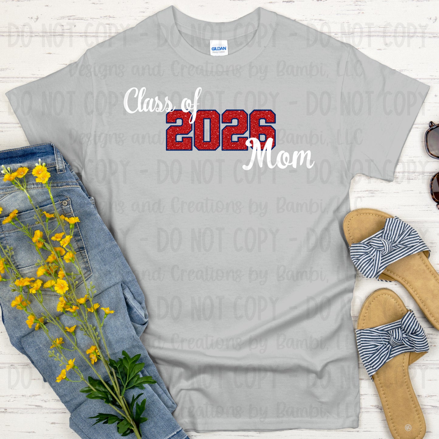 Class of 2026 Mom Faux Glitter/Embroidery Red with Blue Outline and White Font